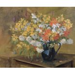 Paul Gunn (1934- ) British. Still Life of Summer Flowers in a Jug, Oil on Canvas, Signed, 18" x 22".