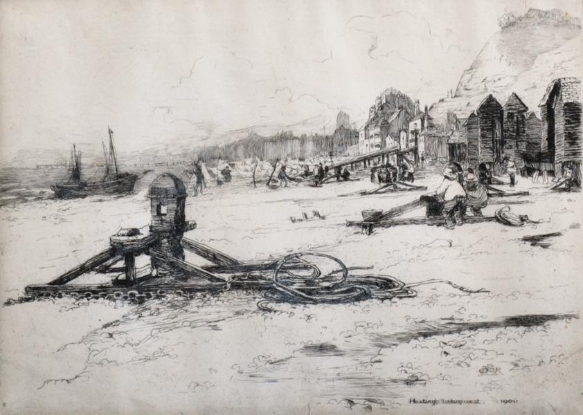 Mabel Catherine Robinson (1875- ) British. "Hastings Looking West 1906", Etching, Signed and Dated