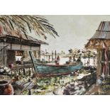 E... Pikes (20th Century) South East Asian. A Native Village, with Figures and Boats, Oil on