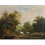 William Garland (act.1857-1882) British. A River Landscape, with a Man Fishing, Oil on Canvas,