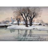 Rowland Hilder (1905-1993) British. A Snow Covered River Landscape, with Farm Building in the