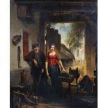 Constantin Boon (1830-1882) Dutch. Figures Conversing in a Stable, Oil on Panel, Signed, 23" x 19".