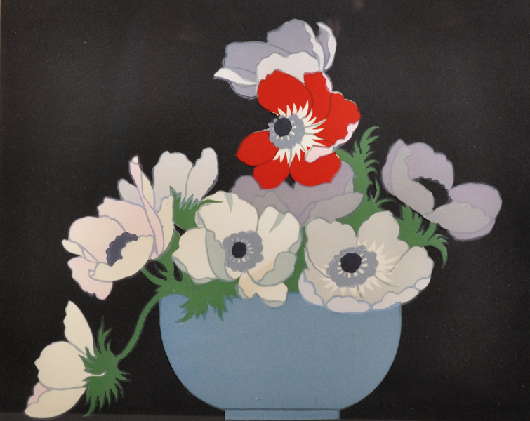 John Hall Thorpe (1874-1947) Australian. "Anemones", Woodcut in Colours, Signed and Inscribed in