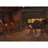 19th - 20th Century English. The Interior of a Blacksmith's, with Figures and a Horse, Oil on