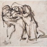 Circle of Rembrandt van Rijn (1606-1669) Dutch. Kneeling Figures, Brush and Ink, Unframed, 5" x 5".