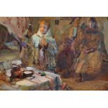 20th Century Russian School. Figures in an Interior, Oil on Board, Inscribed on the reverse, 11" x