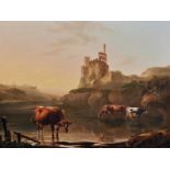 Charles Towne (1763-1840) British. "Cattle Watering in a River Landscape", with Ruined Castle