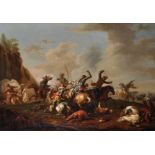 August Querfurt (1696-1761) Austrian. A Cavalry Skirmish, Oil on Canvas, Signed and Indistinctly