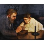 Ken Moroney (1949- ) British. A Father and Son, with a Butterfly, Oil on Canvas, Signed, 18" x 22".