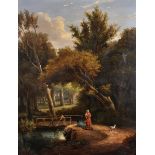 19th Century English School. A River Landscape, with Figures by a Wooden Bridge, Oil on Canvas,