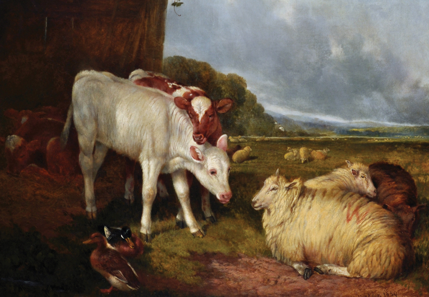 William Henry Watson (1831-1921) British. 'Farmyard Friends', with a Landscape beyond, Oil on