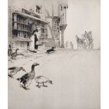 Cecil Aldin (1870-1935) British. Ducks Crossing a Path by an Inn, with a Stage Coach in the