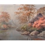 Tokusaburo Kobayashi (1884-1949) Japanese. A River Scene, with a Thatched House on the Bank,