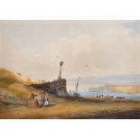 19th Century English School. A French Beach Scene, with Figures Conversing, Watercolour, 8.25" x