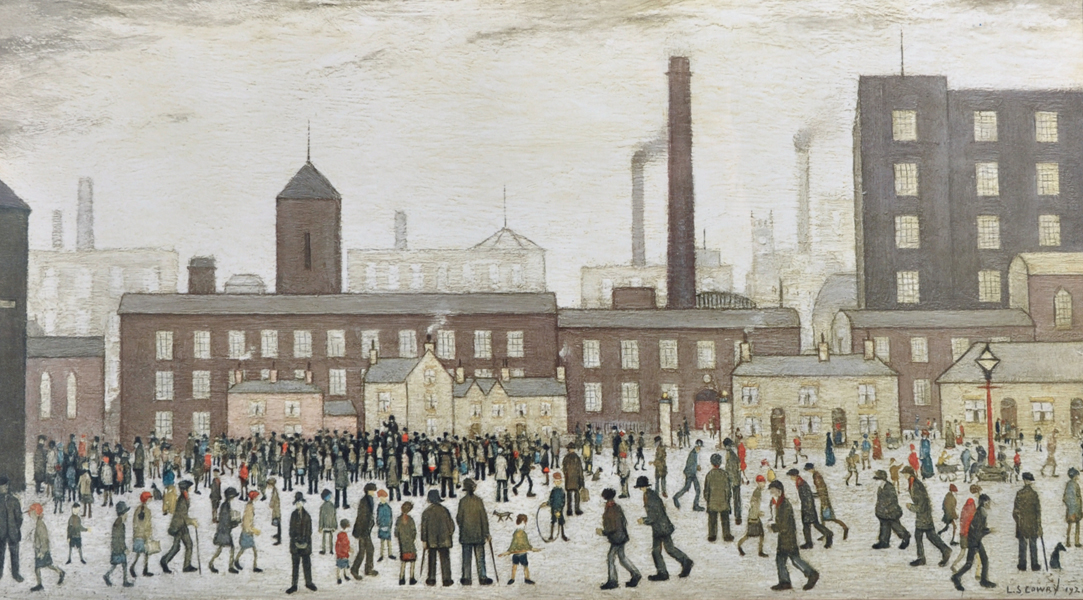 After Laurence Stephen Lowry (1887-1976) British. A Street Scene with Figures, Print, 11" x 19.5".