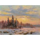 Viktor Krassilnikov (1964- ) Russian. A Snow Covered Landscape at Sunset, Oil on Board, Signed,