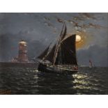 J... J... Everard (19th Century) Dutch. A Sailing Boat Entering Harbour, the Lighthouse beyond,