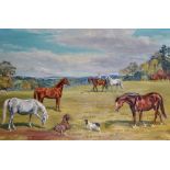 Waller (20th Century) British. 'The Paddock', a Landscape with Horses and Dogs, with a Female Rider,