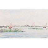 David Muirhead Bone (1876-1953) British. Sailing on the Norfolk Broads, Watercolour, Signed,