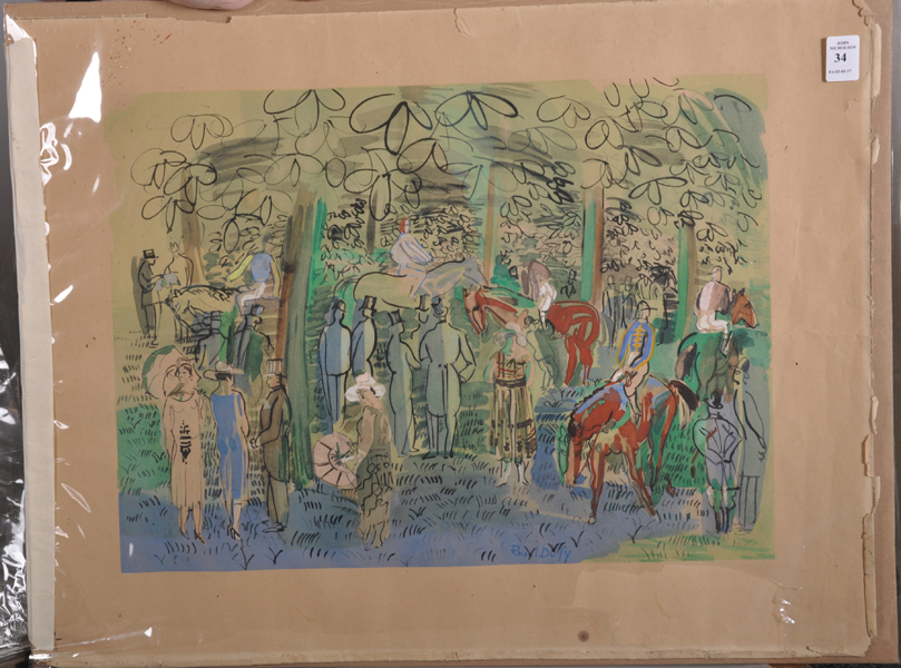 After Raoul Dufy (1877-1953) French. Figures and Horses in a Paddock, Print, Unframed, 13.75" x 18. - Image 2 of 3