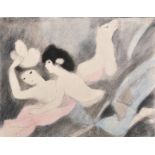 Marie Laurencin (1883-1956) French. Two Girls on a Bed, with a Dog, Coloured Chalks, possibly on a