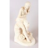 A GOOD VICTORIAN PARIAN FIGURE OF A YOUNG GIRL sitting on a rock. 14ins high.