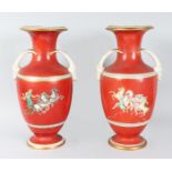 A LARGE PAIR OF VICTORIAN ETRUSCAN DESIGN TWO HANDLED VASES with antelope handles, key pattern