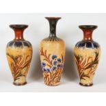 A PAIR OF ROYAL DOULTON ART UNION OF LONDON STONEWARE VASES, one repaired, with pieces missing,