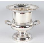 A GOOD KING EDWARD SILVER PLATE, TWO HANDLED, URN SHAPED WINE COOLER with engraved crest "MAJOR A