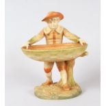 A ROYAL WORCESTER HADLEY FIGURE HOLDING A LARGE BOWL, Pattern No. 960. 9ins high.