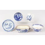 FIVE SMALL PIECES OF CHINESE BLUE AND WHITE, sparrow beak jug, tureen base, bowl, saucer and plate.