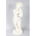 A LARGE CONTINENTAL WHITE PORCELAIN STANDING FIGURE OF A CUPID holding a lamb and on a circular