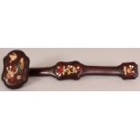 AN ONLAID CHINESE HARDWOOD SCEPTRE, decorated with floral sprays, rockwork and a bird in mother-of-