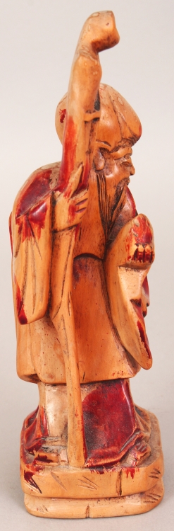 A 19TH/20TH CENTURY CARVED & STAINED WOOD FIGURE OF SHOU LAO, bearing a peach and a staff, 7.4in - Image 2 of 7