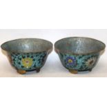 A PAIR OF 19TH CENTURY ORIENTAL MING STYLE CLOISONNE BOWLS, each decorated on a turquoise ground