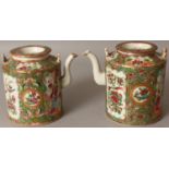 TWO SIMILAR 19TH CENTURY CHINESE CYLINDRICAL CANTON PORCELAIN TEAPOTS & COVERS, each painted in