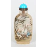 ANOTHER INTERIOR DECORATED GLASS SNUFF BOTTLE & STOPPER, with calligraphy and sages in a pine grove,