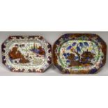 TWO 18TH CENTURY CHINESE CLOBBERED PORCELAIN DISHES, of chamfered rectangular form, each decorated