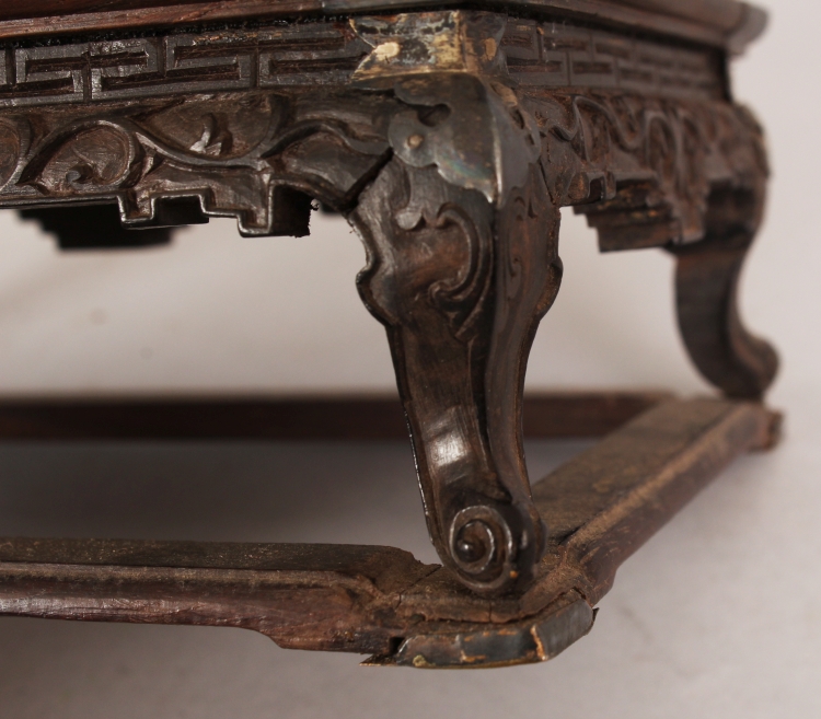 A GOOD 19TH CENTURY CHINESE RECTANGULAR HARDWOOD & IVORY STAND, supported on four scroll feet - Image 7 of 9