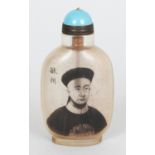 AN INTERIOR DECORATED GLASS SNUFF BOTTLE & STOPPER, with calligraphy and a portrait of a notable