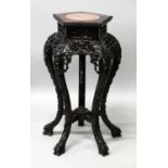 ANOTHER GOOD QUALITY 19TH CENTURY CHINESE MARBLE TOP CARVED HARDWOOD STAND, with hexagonal top