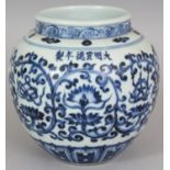 A CHINESE MING STYLE BLUE & WHITE PORCELAIN JAR, the sides decorated with the Eight Buddhist Emblems