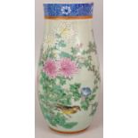 A GOOD QUALITY SIGNED JAPANESE CELADON GROUND PORCELAIN VASE, circa 1900, painted with birds,