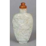 A 20TH CENTURY CHINESE JADE SNUFF BOTTLE, of pale celadon tone, carved to one side with a junk and