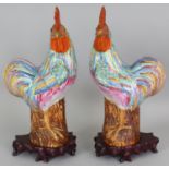 A GOOD MIRROR PAIR OF EARLY 20TH CENTURY CHINESE FAMILLE ROSE PORCELAIN MODELS OF COCKERELS,