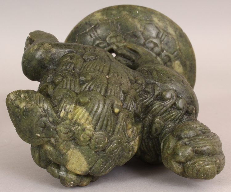 A CHINESE GREEN HARDSTONE CENSER & COVER, in the form of a Buddhistic Lion standing on a brocaded - Image 6 of 10
