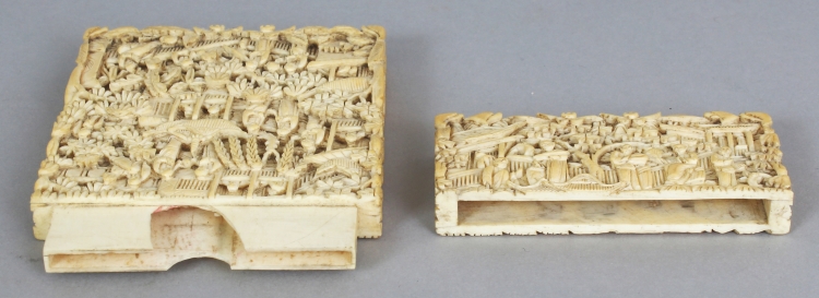 A GOOD QUALITY 19TH CENTURY CHINESE CANTON IVORY CARD CASE, carved overall with finely detailed - Image 5 of 5