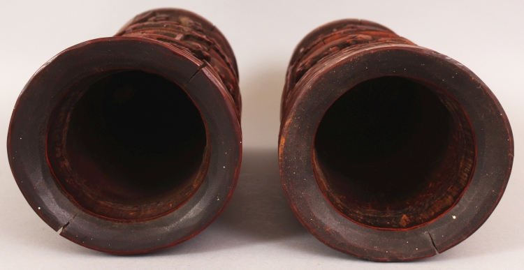 A LARGE PAIR OF EARLY 20TH CENTURY CHINESE CARVED BAMBOO CYLINDRICAL BRUSH POTS, each decorated with - Image 7 of 8