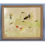 A 20TH CENTURY FRAMED CHINESE PAINTING ON SILK, depicting angel fish amidst water weeds, the frame