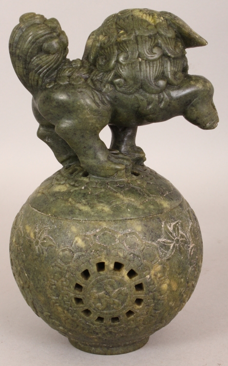 A CHINESE GREEN HARDSTONE CENSER & COVER, in the form of a Buddhistic Lion standing on a brocaded - Image 3 of 10